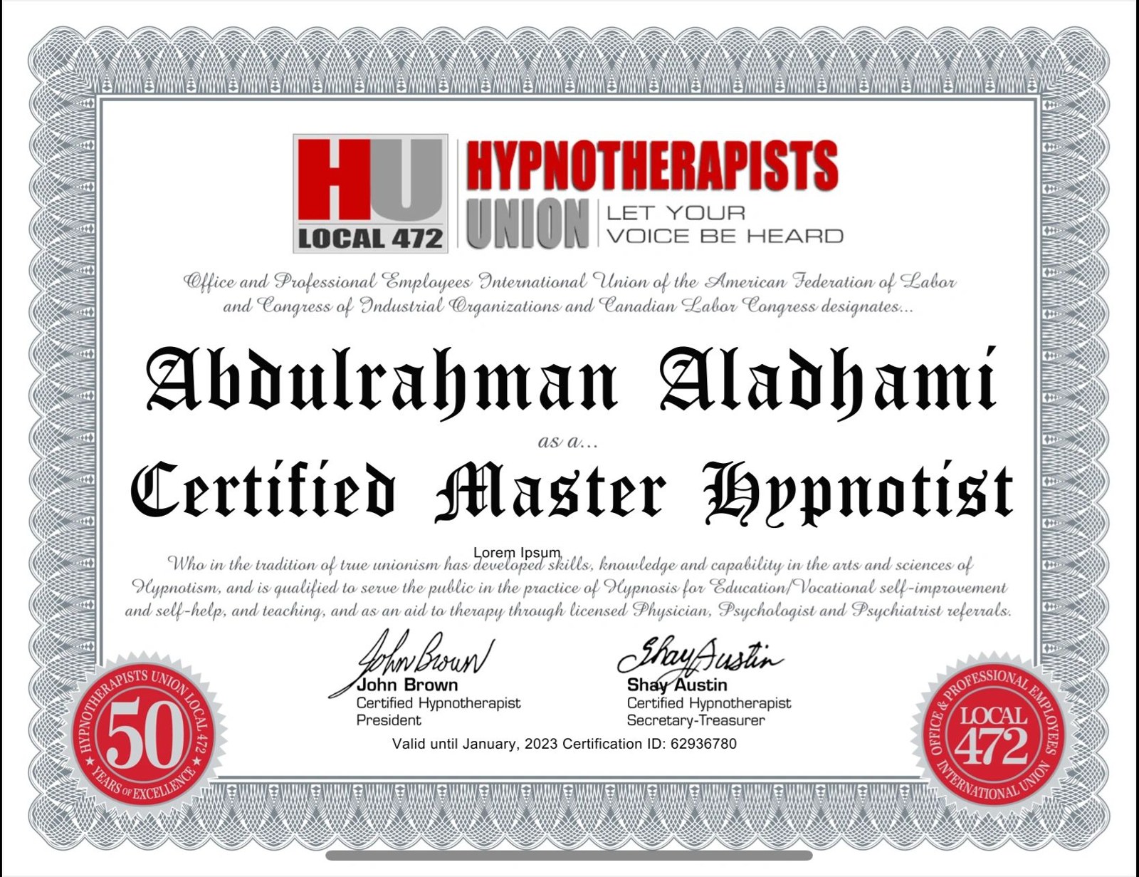 Hypnotherapists Union Local 472
