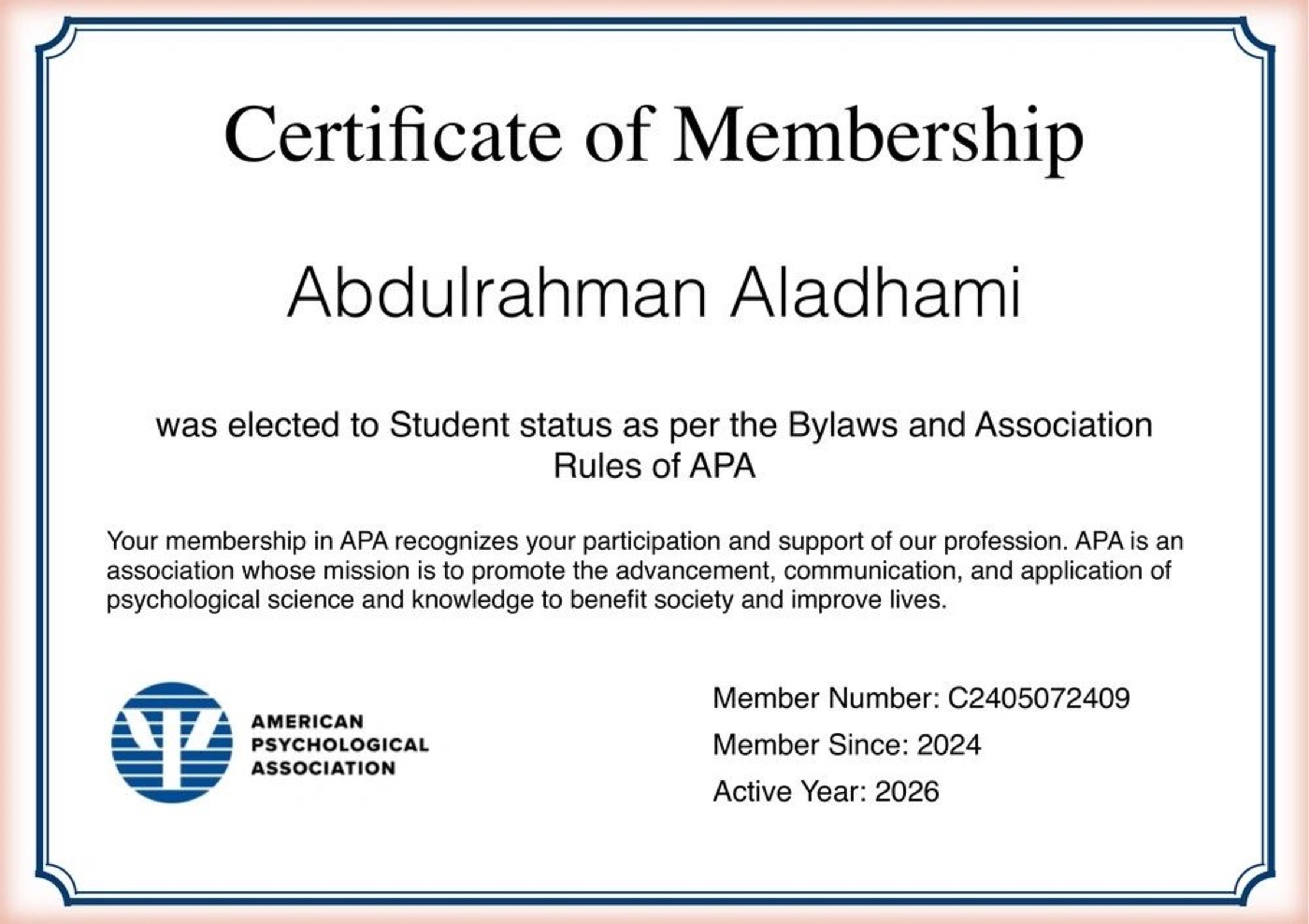 American Psychological Association (APA) — عضو طالب · منذ 2024 · نشط 2026، Abdulrahman Aladhami