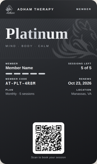 Pass membre Platinum Adham Therapy dans Apple Wallet et Google Wallet