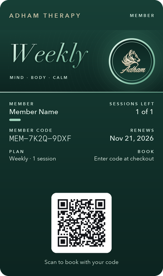 Adham Therapy Weekly member pass in Apple Wallet and Google Wallet